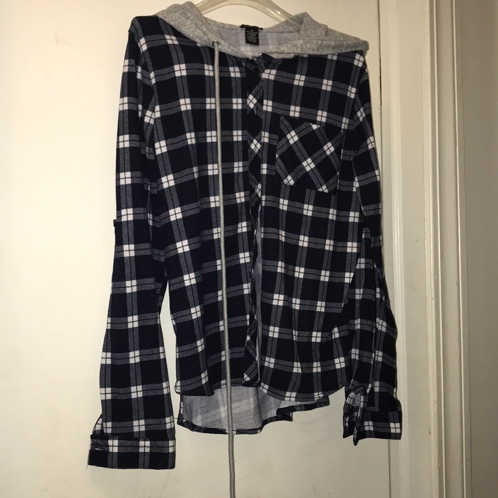 Blue black and white hooded flannel